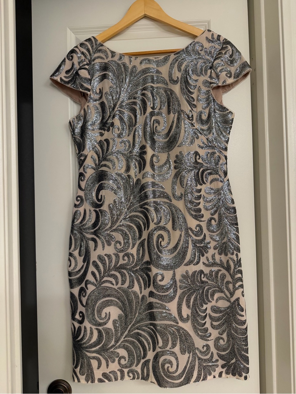Adrianna Papell Blush Pink Sheath Dress with Silver Scrolls